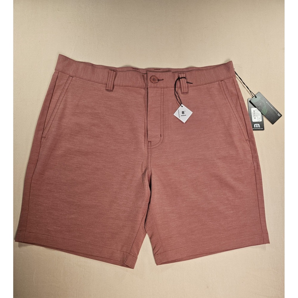 TravisMathew Tech Chino Shorts 36 Heather Roan Rouge 8" Inseam Pockets NWT